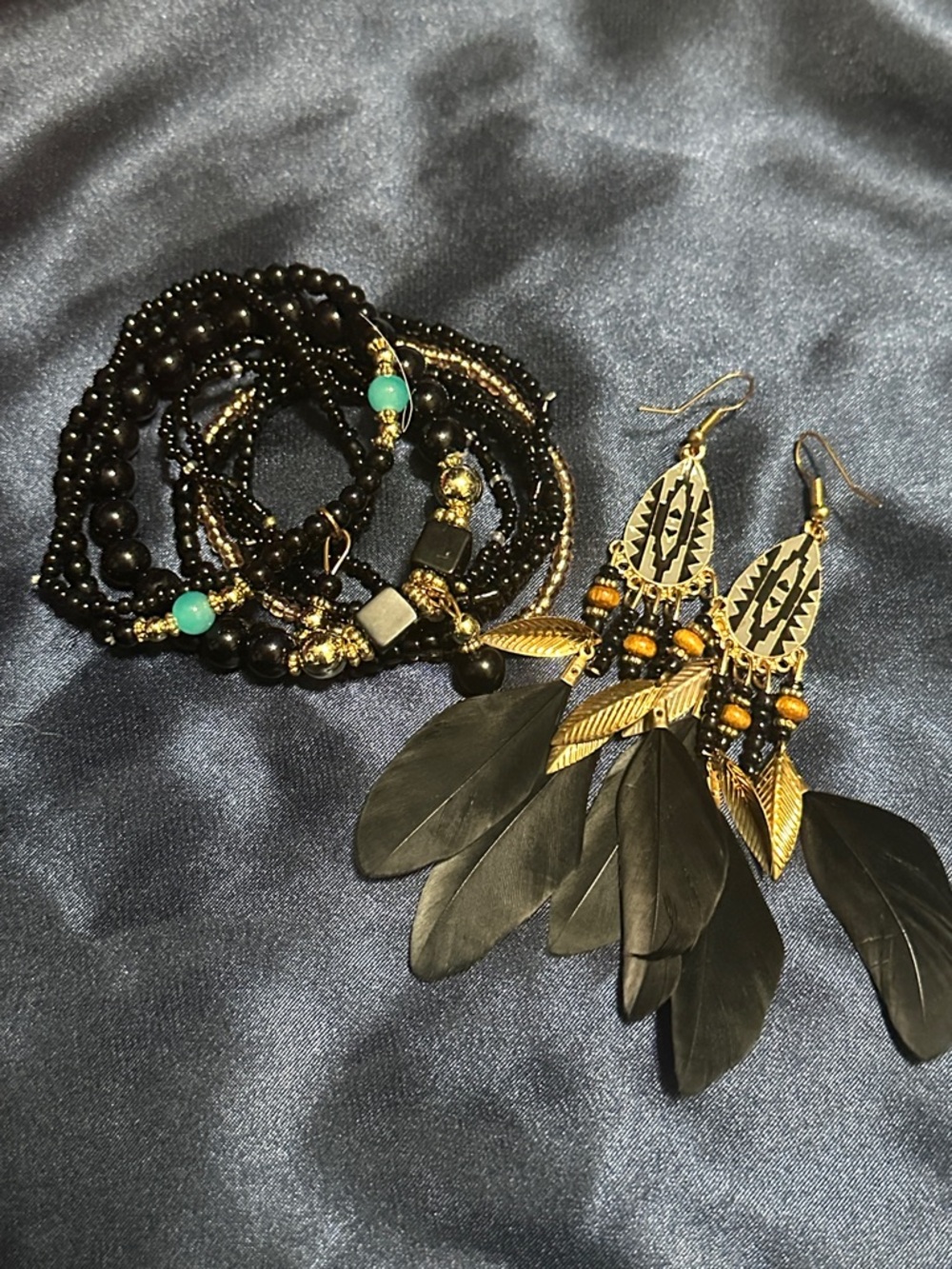 Boho Black & Gold Feather Drop Earrings with Black Beaded Bracelet Set